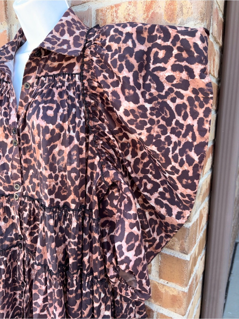 Leopard Print Tiered Mini Dress Puff Sleeve Button Front Babydoll Dress Large - Picture 4 of 8